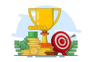 Goals and achievements, Business goals, achievement and success concept. Arrows hit the target with a big cup, target, target center, business plan, problem solving, Flat design . vector