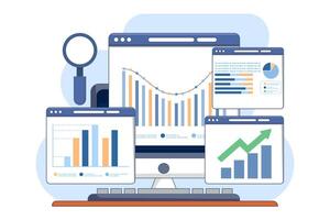concept of analyzing and monitoring, web reporting dashboard, and data analytics research for business financial planning. Flat illustration design in the background. vector