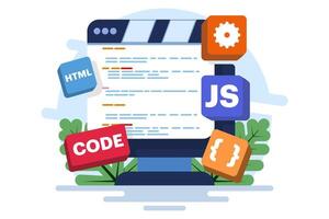 Computer programming concept, Java, HTML symbols, web design, software, application design, programming language, development, website. Flat illustration on background. vector