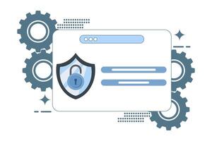 Device security concept, security access with password. Analog window with login screen and shield with lock on it. System requires password for access. Flat . vector