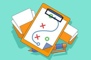 Planning strategy concept. Business tactics. Pencil and clipboard. Graphic project analysis. Scheme of actions on a white sheet. vector