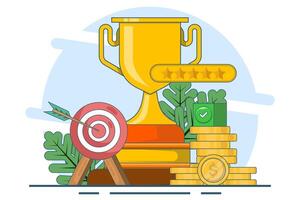 Goals and achievements, Business goals, achievement and success concept. Arrows hit the target with a big cup, target, target center, business plan, problem solving, Flat . vector