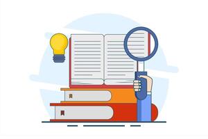 book reference concept, library, stack of books and light bulb. literature to find ideas and inspiration. educational design, ideas, brainstorming, education and reading. Symbol or icon. vector