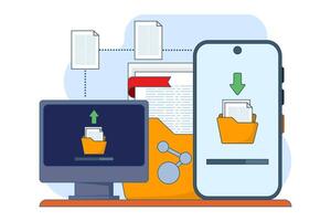 File sharing concept, data transfer, documentation transfer, cloud services, electronic document management. Browse send files for business, file management. in flat design. vector