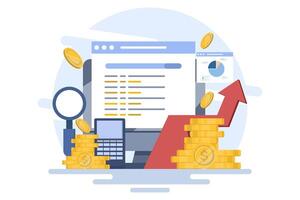 Search engine marketing analysis concept, Data marketing, Digital marketing and Paid marketing campaigns, Pay per click. SEO optimization, paid promotion on social media networks, flat . vector