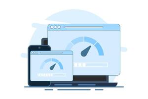 Internet speed concept. Smartphone, laptop and computer with internet connection speed test on screen, internet download speed and network performance. vector