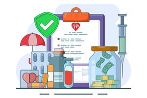 Healthcare concept explained through attractive visuals on the theme of co-payments, coverage and deductibles, featuring interaction with financial elements. vector