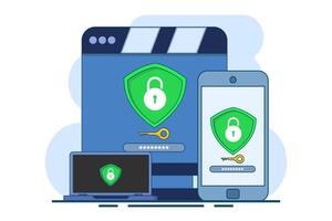 Security software concept that protects multiple digital devices from cyber attacks, Website is protected by access, Data privacy, flat illustration on background. vector