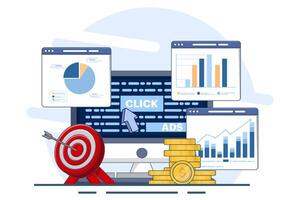 Pay per click concept for websites. Advertising on the internet, clicking on ads, pay per click system. Advertising. Illustrations for websites, pages, applications. vector