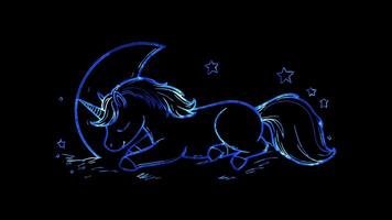 unicórnio e lua uma unicórnio em repouso debaixo uma crescente lua com uma poucos cintilante estrelas. video