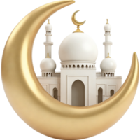A gold and white crescent moon with a gold and white building in the middle png