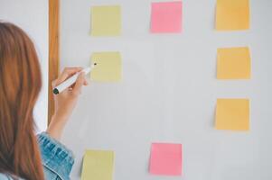 Web designers creating planning and analyzing with Colorful sticky notes on the office board.web design concept photo