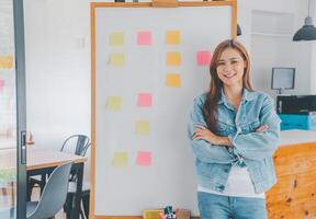 Web designers creating planning and analyzing with Colorful sticky notes on the office board.web design concept photo