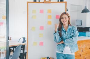 Web designers creating planning and analyzing with Colorful sticky notes on the office board.web design concept photo