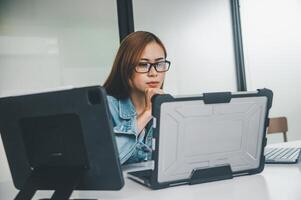 Female programmer working on coding, software development and web design.Concept technology development. photo