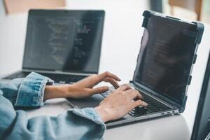 Female programmer working on coding, software development and web design.Concept technology development. photo
