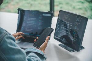 Female programmer working on coding, software development and web design.Concept technology development. photo