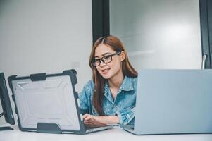 Female programmer working on coding, software development and web design.Concept technology development. photo