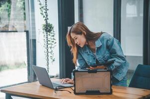 Female programmer working on coding, software development and web design.Concept technology development. photo