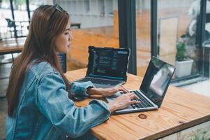 Female programmer working on coding, software development and web design.Concept technology development. photo