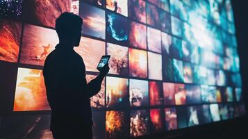 A man holding a smartphone stands photo
