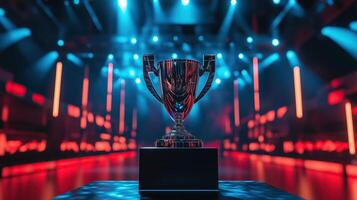 esport achievement trophy on the stage photo