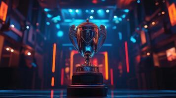 esport trophy illuminated on the stage photo