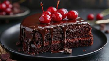homemade chocolate cake with cherry photo
