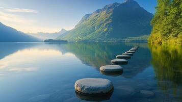 Lake with aligned stones simplicity photo