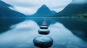 Calm lake with aligned stones photo