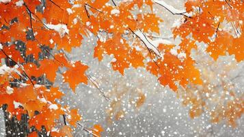 Snow falls on orange maple leaves photo