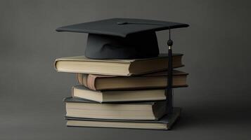 pile books graduation hat photo