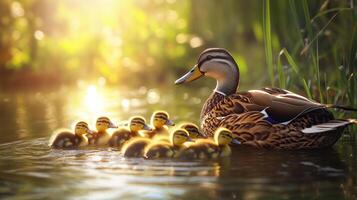 duck and ducklings on lake photo
