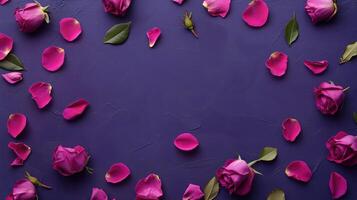 Purple background with petals of roses photo