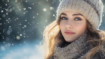 Woman smiling playing in the snow photo