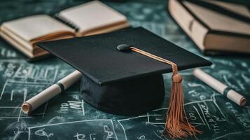 A graduation hat and a set of study aids celebration. photo