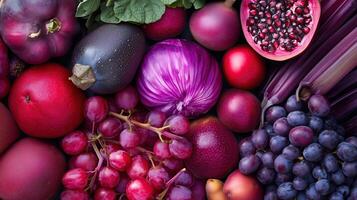 Assortment of different ingredient purple fruit and vegetable photo