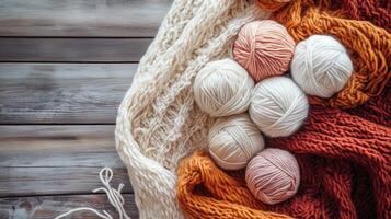 Craft knitting hobby background with yarn in natural colors. photo