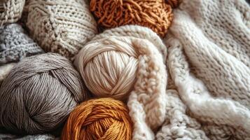 Craft knitting hobby background with yarn in natural colors. photo