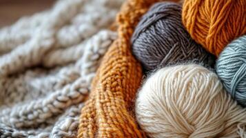 Craft knitting hobby background with yarn in natural colors. photo