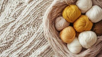 Craft knitting hobby background with yarn in natural colors. photo