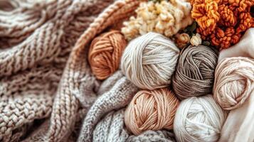 Craft knitting hobby background with yarn in natural colors. photo