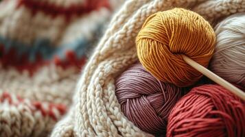 Craft knitting hobby background with yarn in natural colors. photo