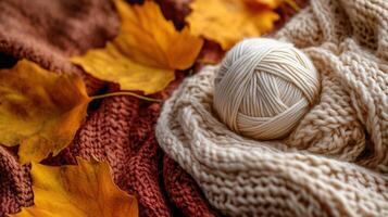 Craft knitting hobby background with yarn in natural colors. photo