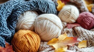 Craft knitting hobby background with yarn in natural colors. photo