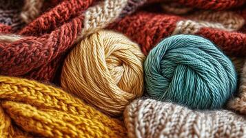 Craft knitting hobby background with yarn in natural colors. photo