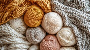 Craft knitting hobby background with yarn in natural colors. photo