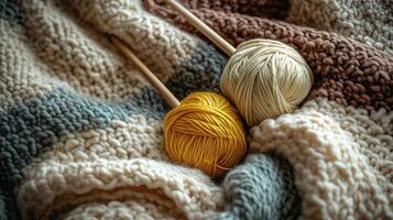 Craft knitting hobby background with yarn in natural colors. photo