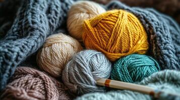 Craft knitting hobby background with yarn in natural colors. photo