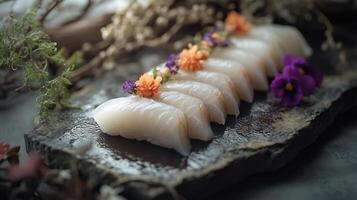 Elegant sushi platter featuring delicate fish slices photo